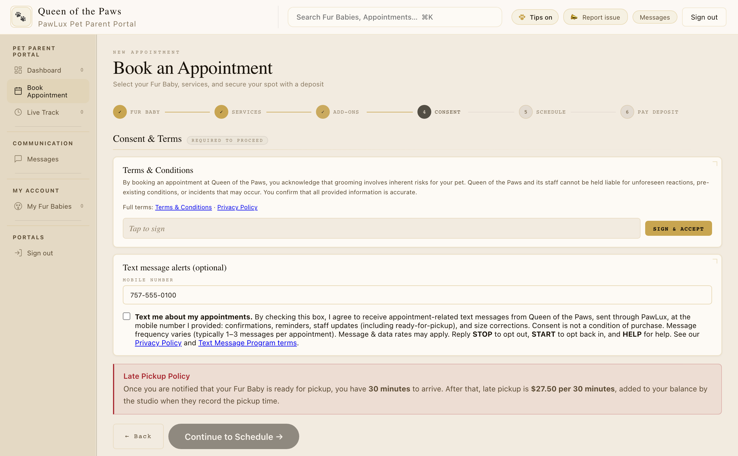 Booking wizard Consent step for Queen of the Paws. The studio name is in the header, the mobile number field shows 757-555-0100, the text-message checkbox is unchecked, the full consent sentence is visible, and the Continue button is on screen.